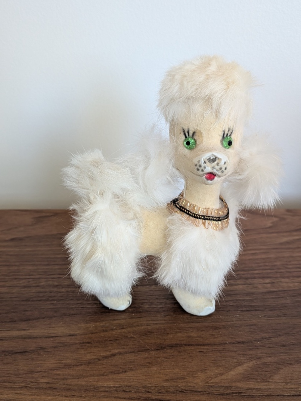 Vintage Velveteen Furry White Poodle Dog figurine Rhinestone eyes Gold ribbon
